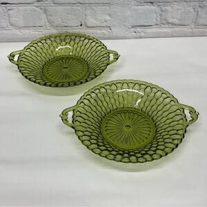 Vintage Indiana Glass Candy Dish Set of 2 Avocado Green Handles Round Honeycomb